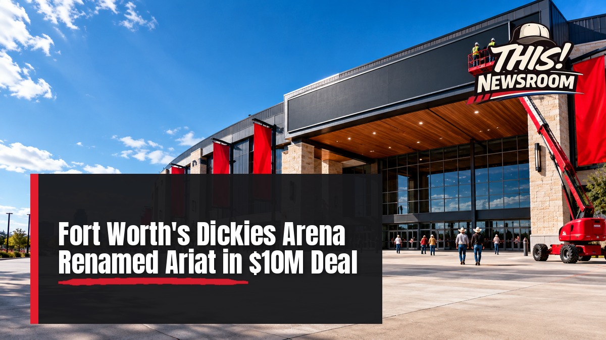 Exterior of Ariat Arena in Fort Worth, Texas, formerly Dickies Arena, with new signage going up