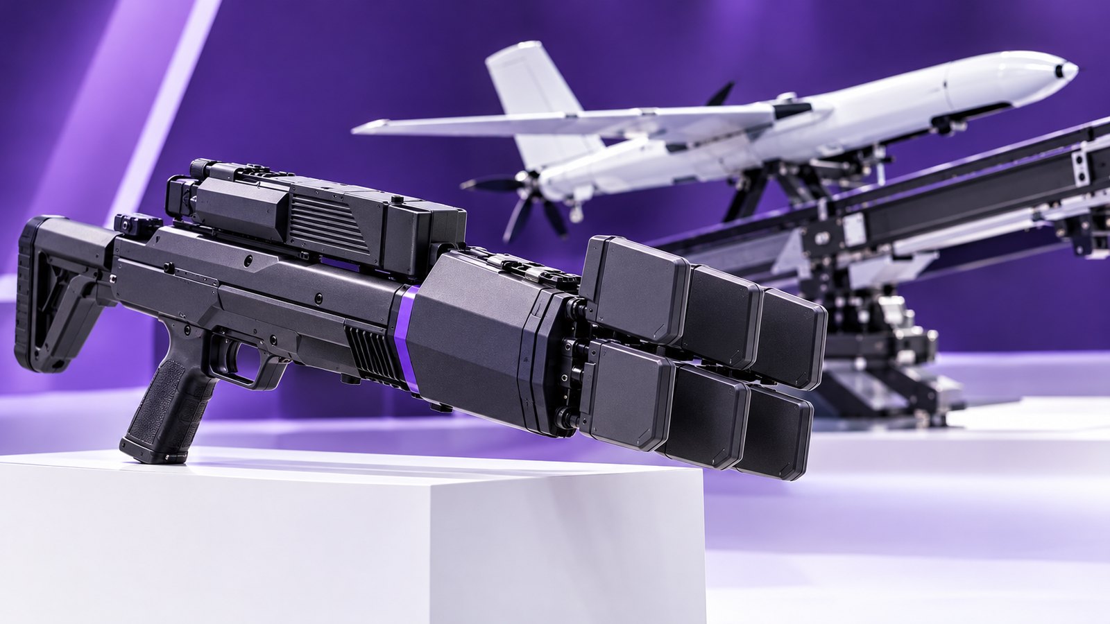 Handheld drone-jamming device on a white stand with a white interceptor drone blurred behind it against violet