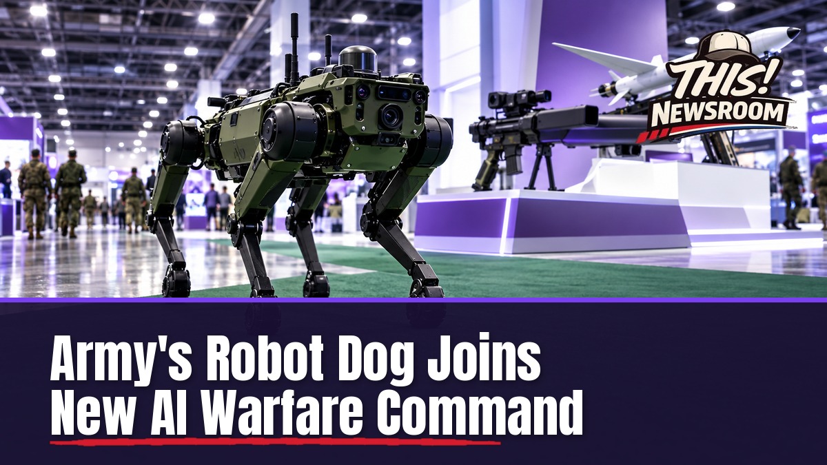Army robot dog on a convention floor beside counter-drone systems at the AUSA annual meeting