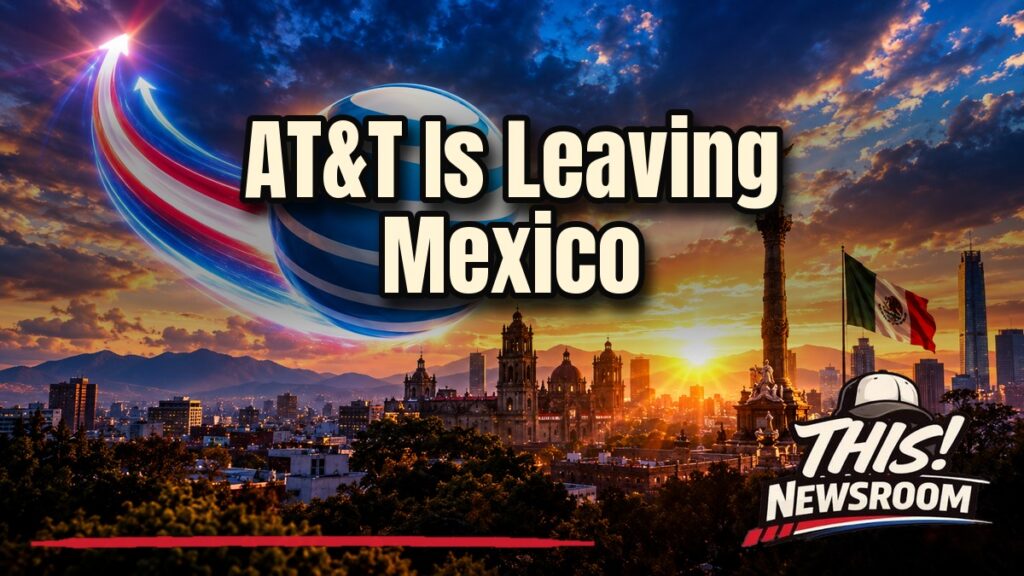 AT&T Mexico sale shown as a glowing AT&T globe handing off to a Televisa tower over a Mexico City skyline at sunset