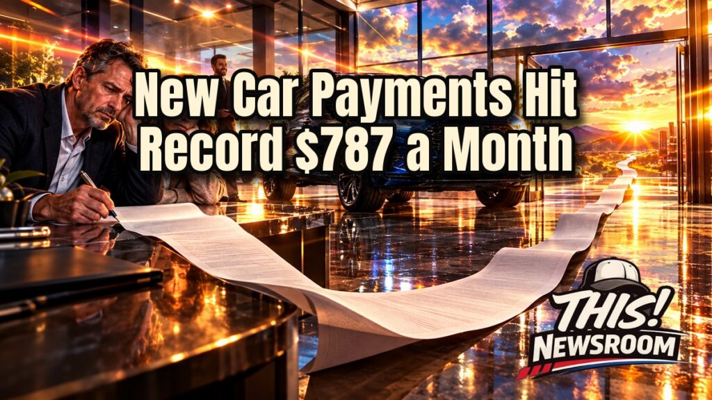 Car buyer at a dealership staring at a glowing contract showing the average new car payment record