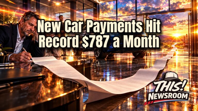 Car buyer at a dealership staring at a glowing contract showing the average new car payment record