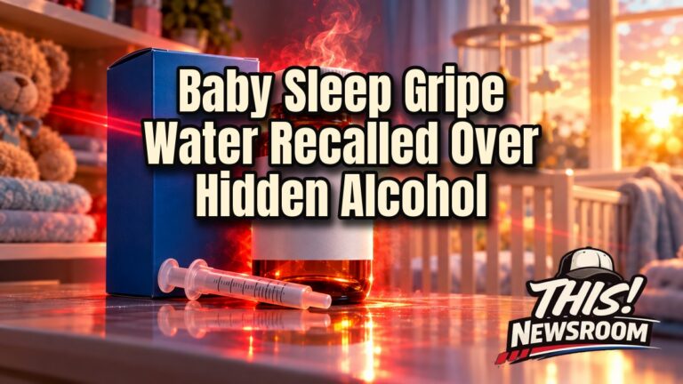 Baby sleep gripe water recall: amber supplement bottle with oral syringe beside a blue box and a red recall warning glow