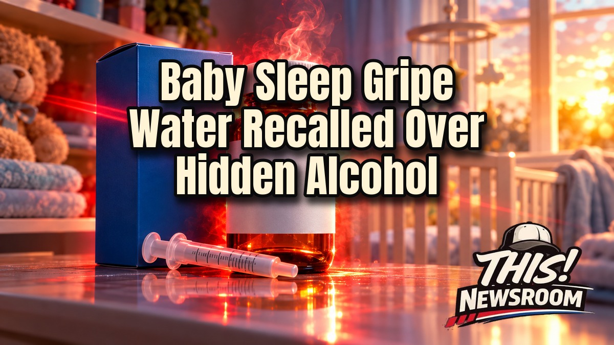 Baby sleep gripe water recall: amber supplement bottle with oral syringe beside a blue box and a red recall warning glow