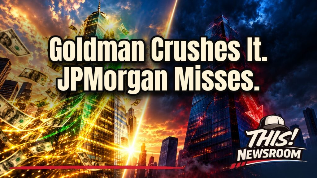 Wall Street bank earnings: Goldman Sachs and JPMorgan towers under red-white-and-blue light with glowing arrows
