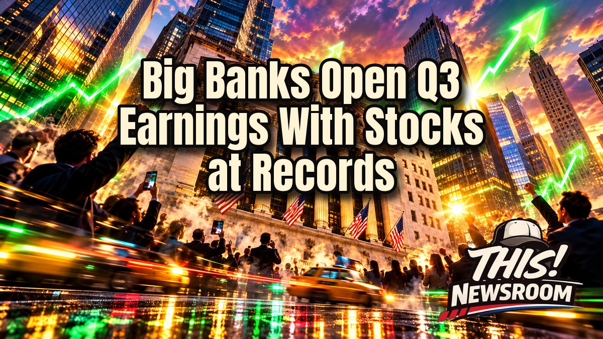 Bank earnings season kicks off as a glowing Wall Street trading floor faces towering bank skyscrapers at golden hour