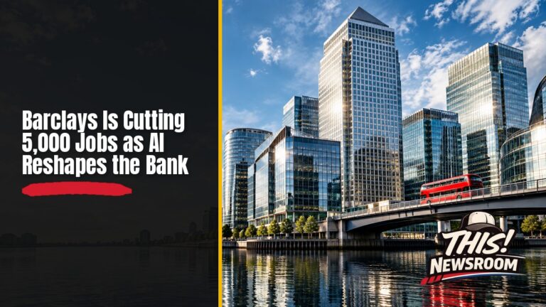 Barclays bank building exterior in London's Canary Wharf, illustrating the AI job cuts announcement