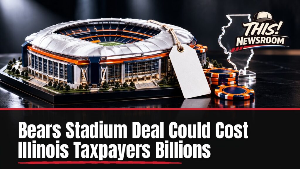 Chicago Bears stadium deal shown as a stadium model with a price tag on a dark table beside a state map of Illinois