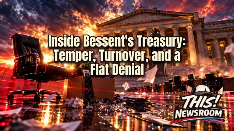 Bessent Treasury turnover: cinematic illustration of Treasury Secretary Scott Bessent in front of the Treasury building at dusk
