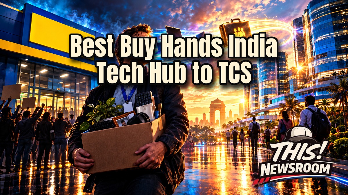 Best Buy TCS deal illustrated with a blue-and-yellow retail storefront facing an Indian tech campus at golden hour