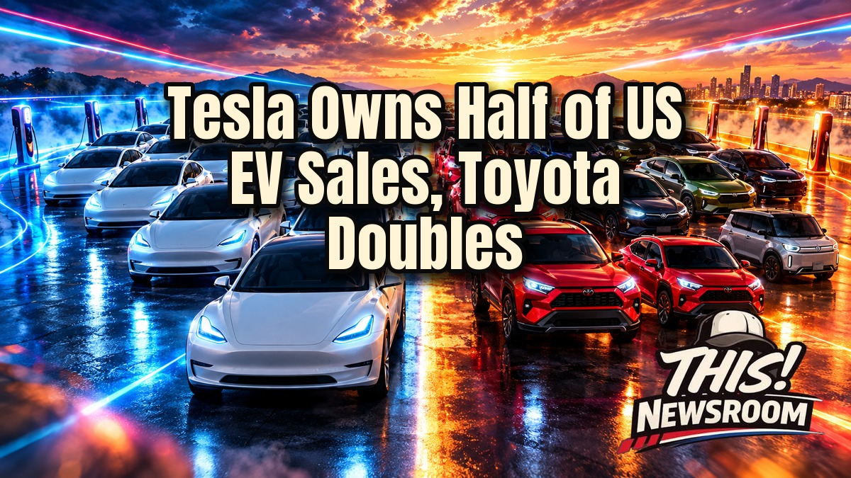 Best-selling EVs in the US: a red Tesla Model Y leading a lineup of electric SUVs at sunset
