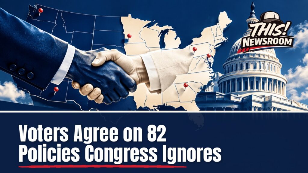 Editorial illustration of a bipartisan common ground handshake across a divided map of battleground states
