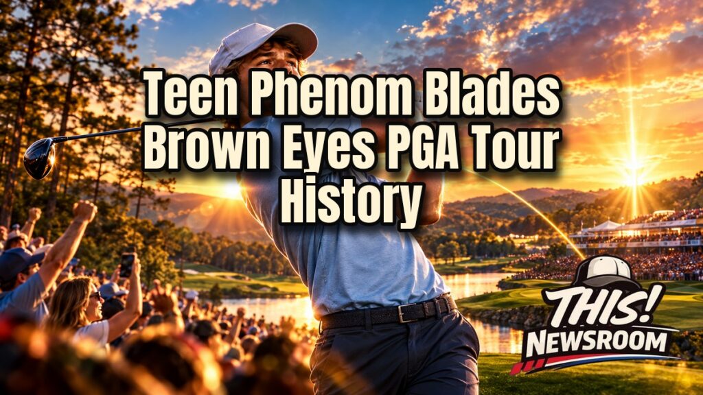 Blades Brown, a teenage golfer, mid-swing on a sunlit fairway during the Korn Ferry Tour Championship