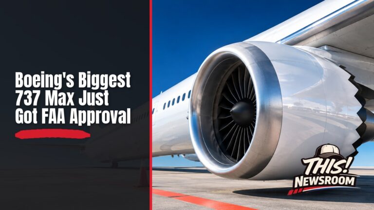 Close-up of a Boeing 737 Max 10 jet engine and wing, illustrating Boeing stock and FAA approval news