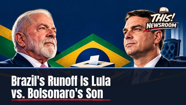 Editorial illustration of the Brazil runoff showing two opposing candidate silhouettes facing off over the Brazilian flag