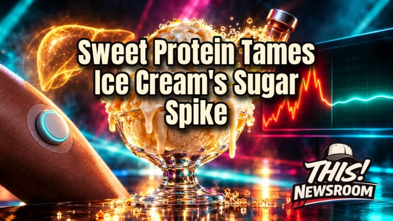 Brazzein blood sugar study: glowing vanilla ice cream scoop with a glucose monitor in a neon-lit lab