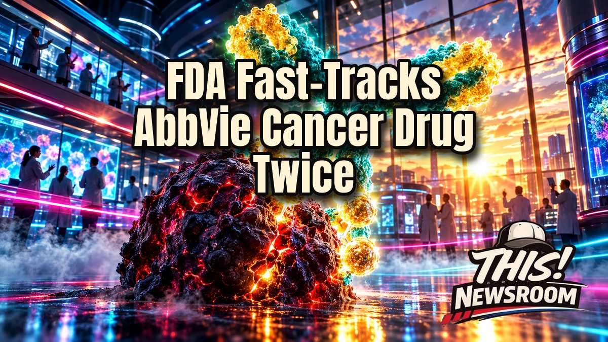 Cancer researcher in a bright lab examining a glowing antibody-drug conjugate model, illustrating the FDA breakthrough therapy designation for AbbVie's Temab-A