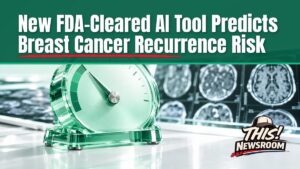 Glass block holding a glowing mint green breast cancer recurrence risk score dial on a white lab table