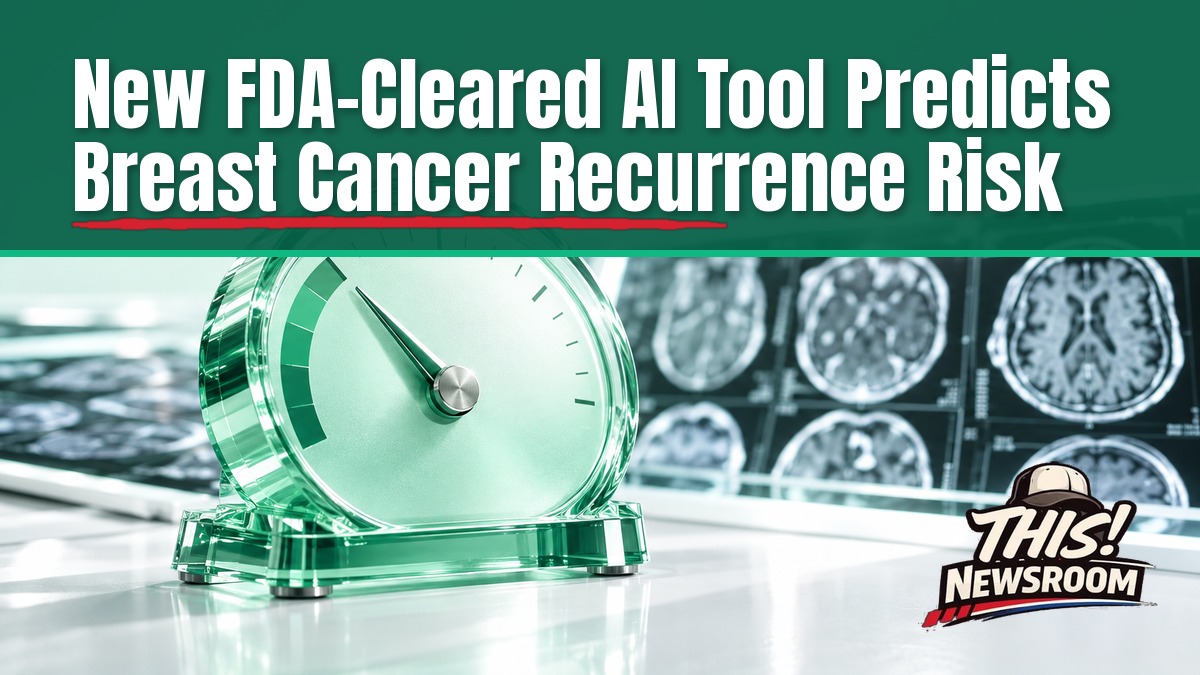 Glass block holding a glowing mint green breast cancer recurrence risk score dial on a white lab table