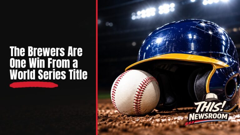 Close-up of a baseball on a dark field with Brewers navy and gold colors, symbolizing the Brewers World Series lead