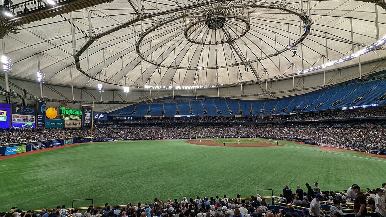 Baseball bat and ball on the chalk line of an infield inside an indoor ballpark