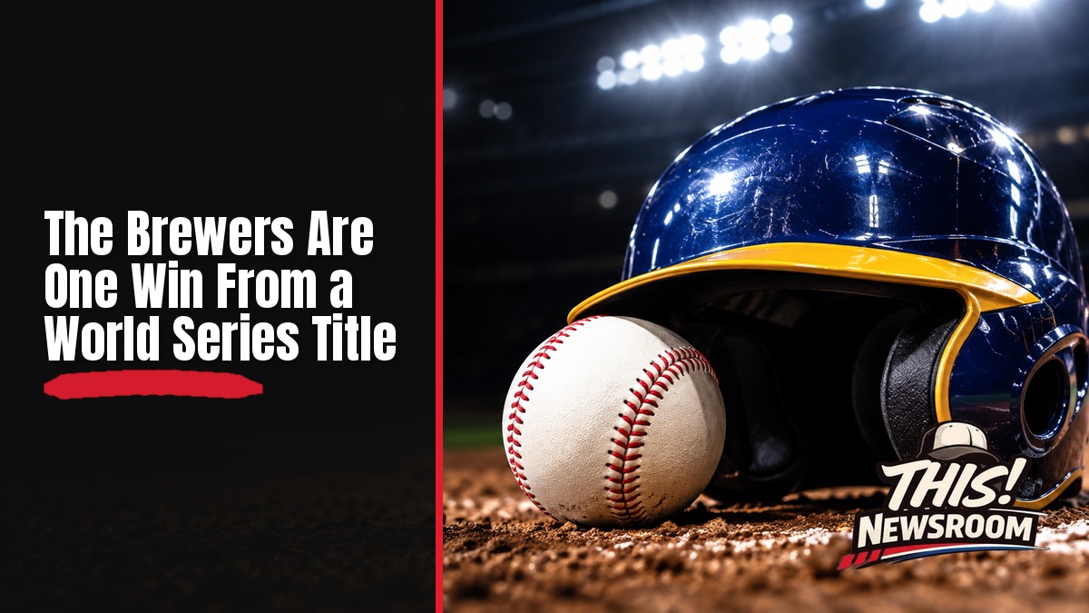 Close-up of a baseball on a dark field with Brewers navy and gold colors, symbolizing the Brewers World Series lead