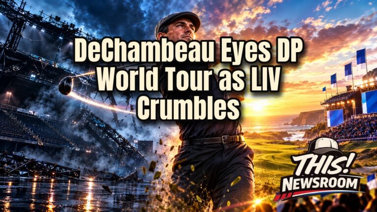 Bryson DeChambeau DP World Tour concept: golfer in a dramatic golden-hour fairway scene with a crumbling LIV-style stage behind him