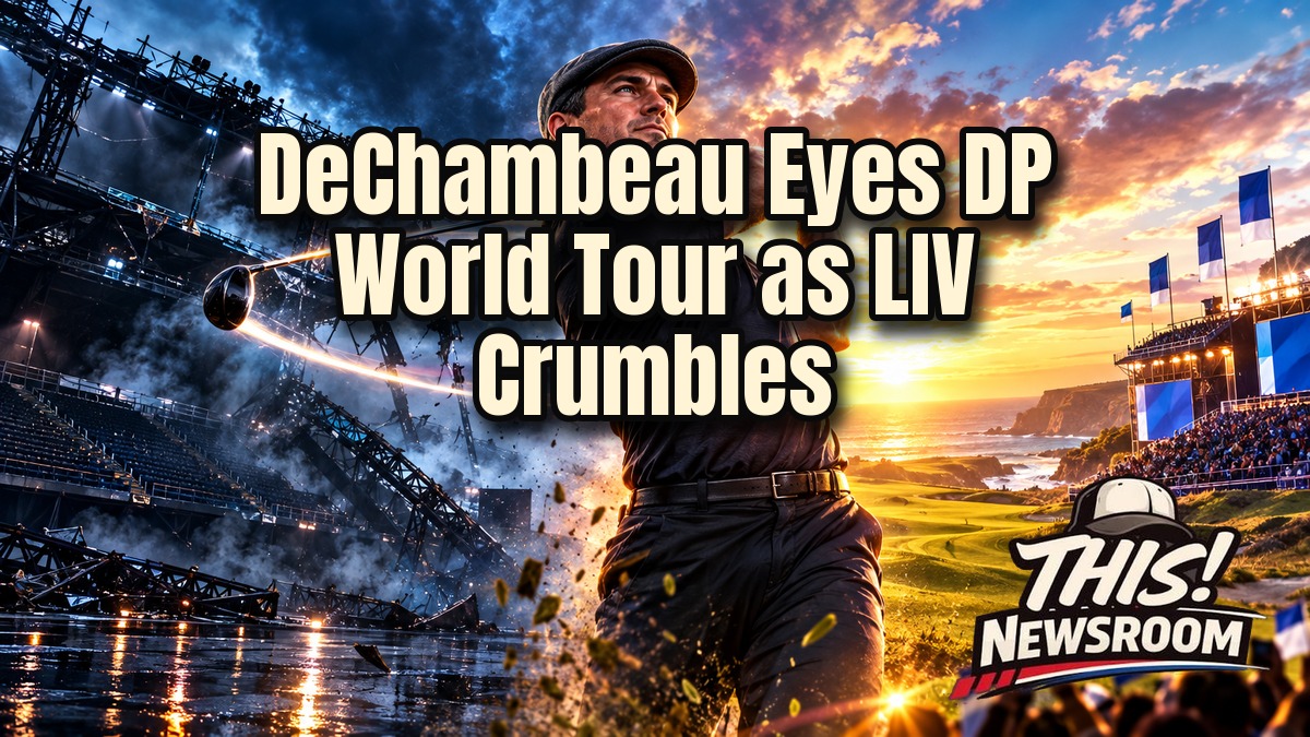 Bryson DeChambeau DP World Tour concept: golfer in a dramatic golden-hour fairway scene with a crumbling LIV-style stage behind him
