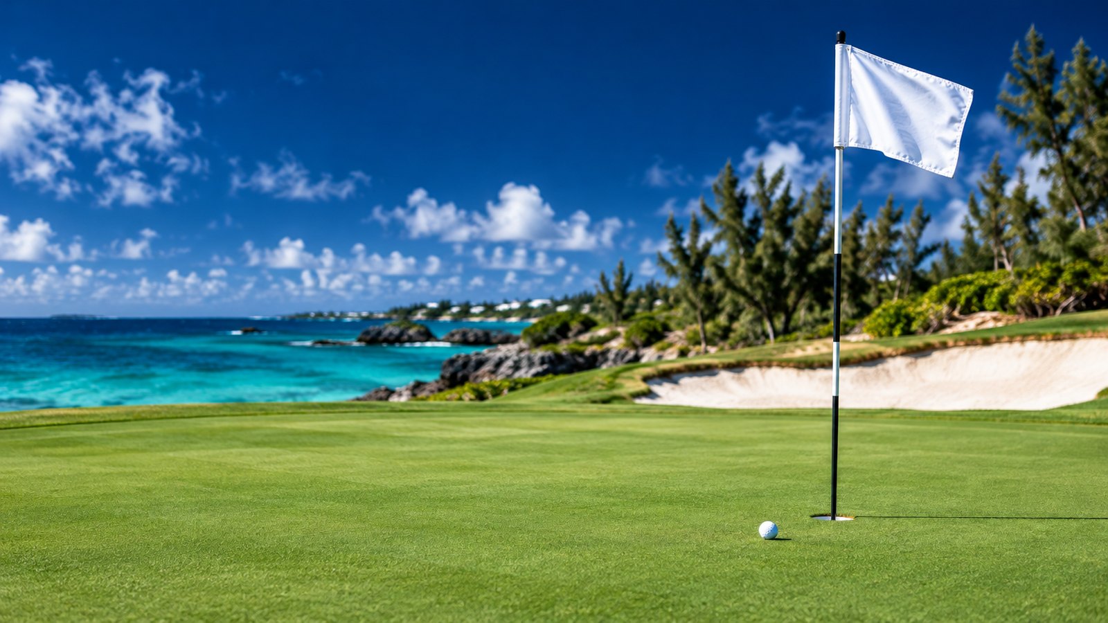 Flagstick and golf ball on a manicured seaside green at Port Royal Golf Course in Bermuda