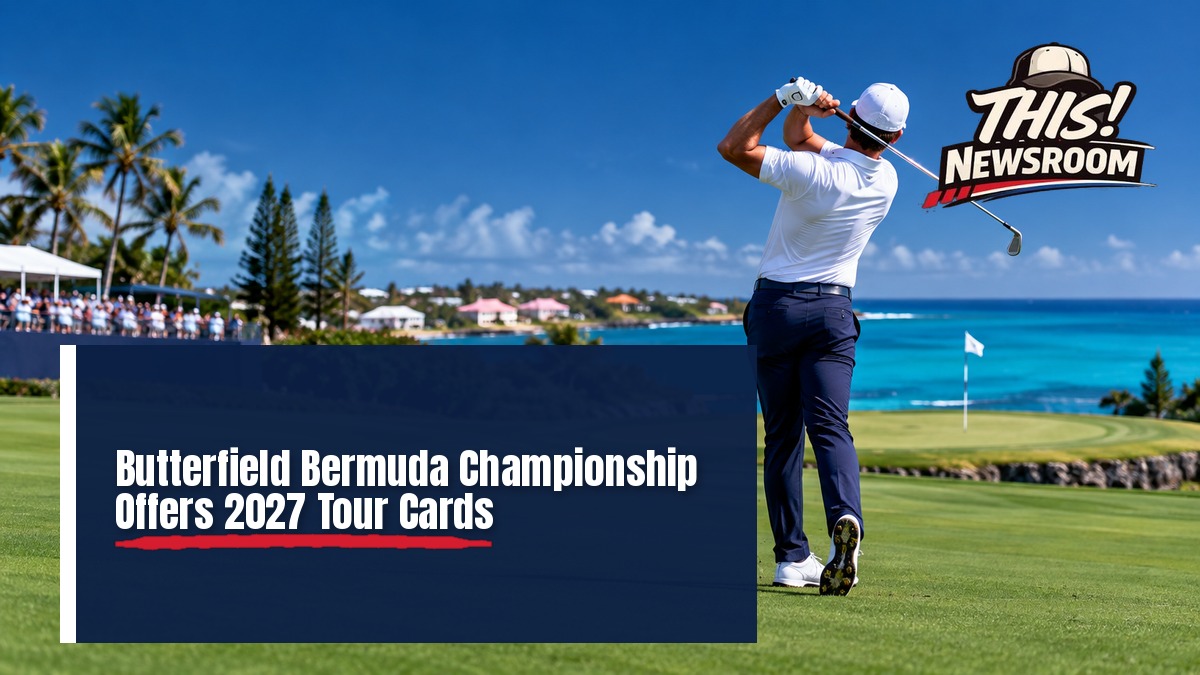 Golfer lining up a putt on the green at Port Royal for the Butterfield Bermuda Championship