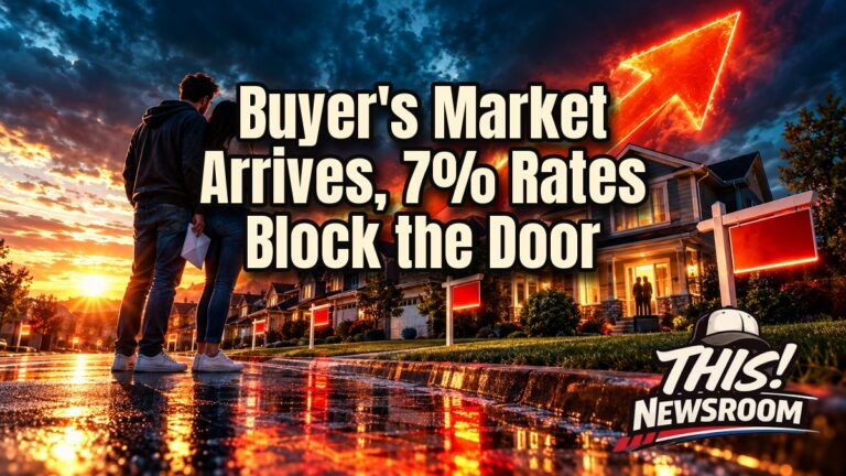 Buyer's market scene with a for-sale sign in front of a suburban home at golden hour under a rising mortgage rate chart