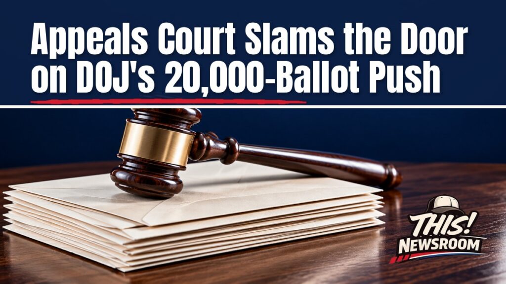 Stack of California mail ballot envelopes beside a wooden gavel, illustrating the appeals court ruling on California mail ballots