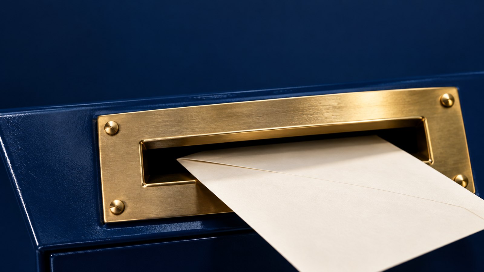 A blank ivory mail-in ballot envelope sliding into a ballot drop box slot against navy metal