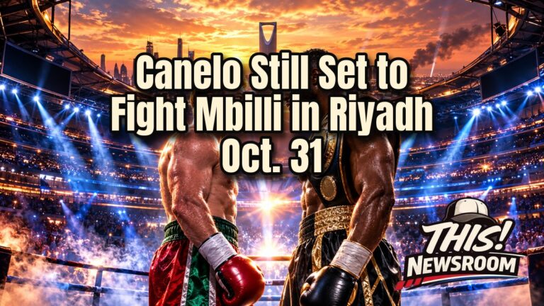 Canelo Álvarez fight vs. Christian Mbilli face-off over the glowing Riyadh skyline at sunset