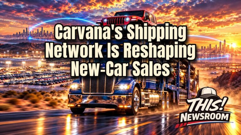 Carvana shipping network carrying new Jeep and Ram vehicles across a glowing highway at sunset