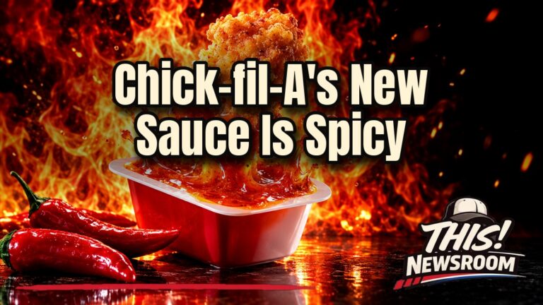 Chick-fil-A new sauce: a glowing red dipping cup of Spicy Chick-fil-A Sauce next to crispy chicken nuggets