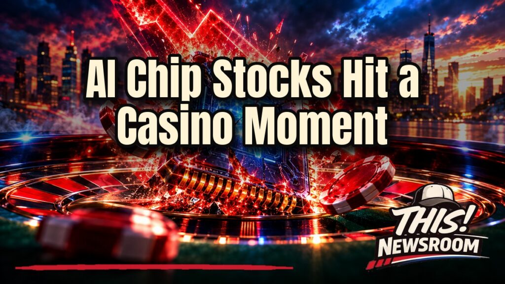 Chip stocks sell-off shown as a glowing semiconductor chip with red downward arrows over a stock market skyline