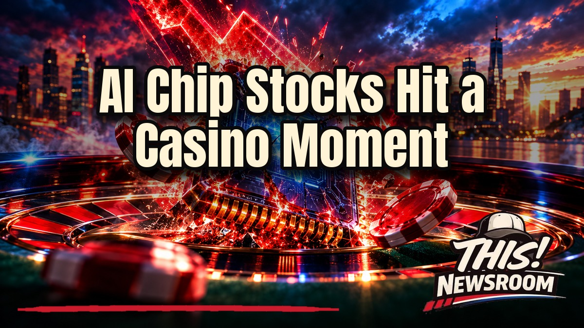 Chip stocks sell-off shown as a glowing semiconductor chip with red downward arrows over a stock market skyline