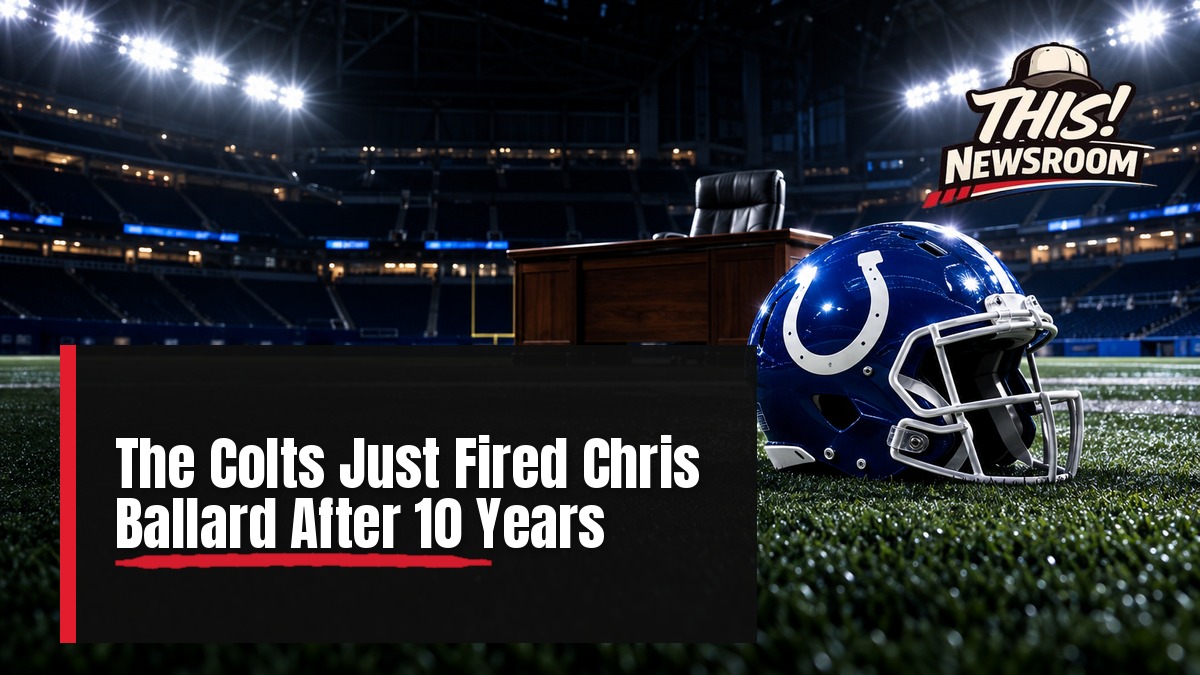 Football-shaped scoreboard data blocks showing a Colts win-loss record and the Chris Ballard fired story at a stadium