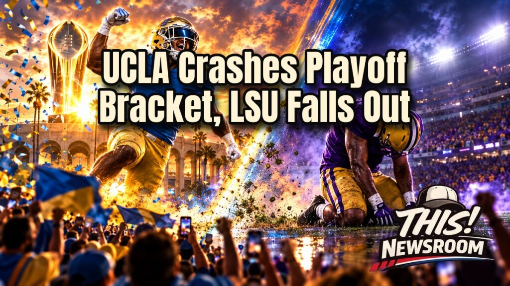 UCLA players celebrating under stadium lights, symbolizing the College Football Playoff bracket shakeup
