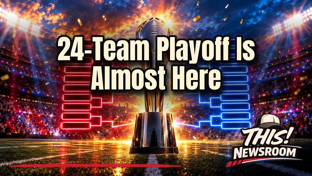 College Football Playoff expansion to 24 teams shown as a giant glowing bracket in a packed stadium at sunset