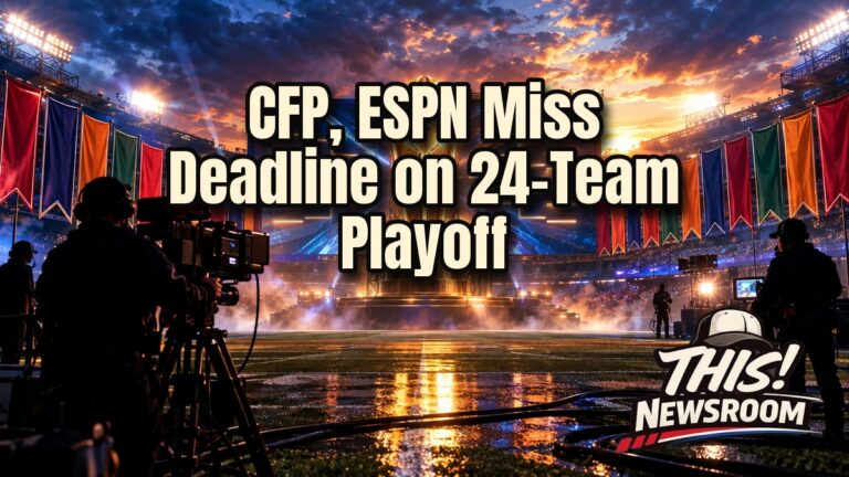 College Football Playoff expansion shown with a stadium at sunset and ESPN-style broadcast lights over a glowing trophy