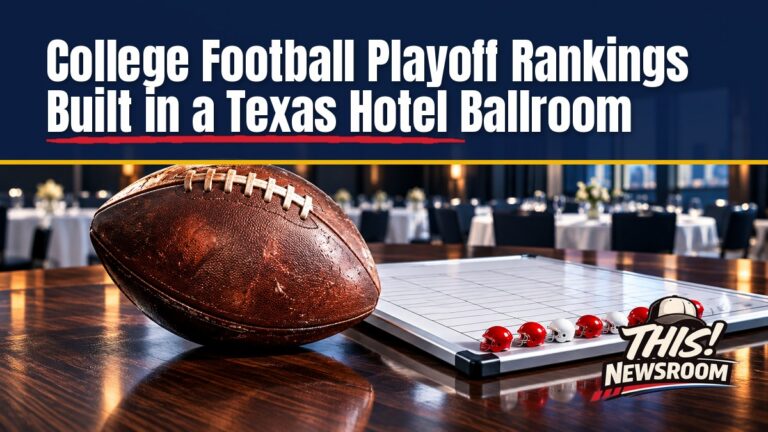 Close-up of a football on a table with a College Football Playoff-style trophy beside a rankings board, College Football Playoff rankings