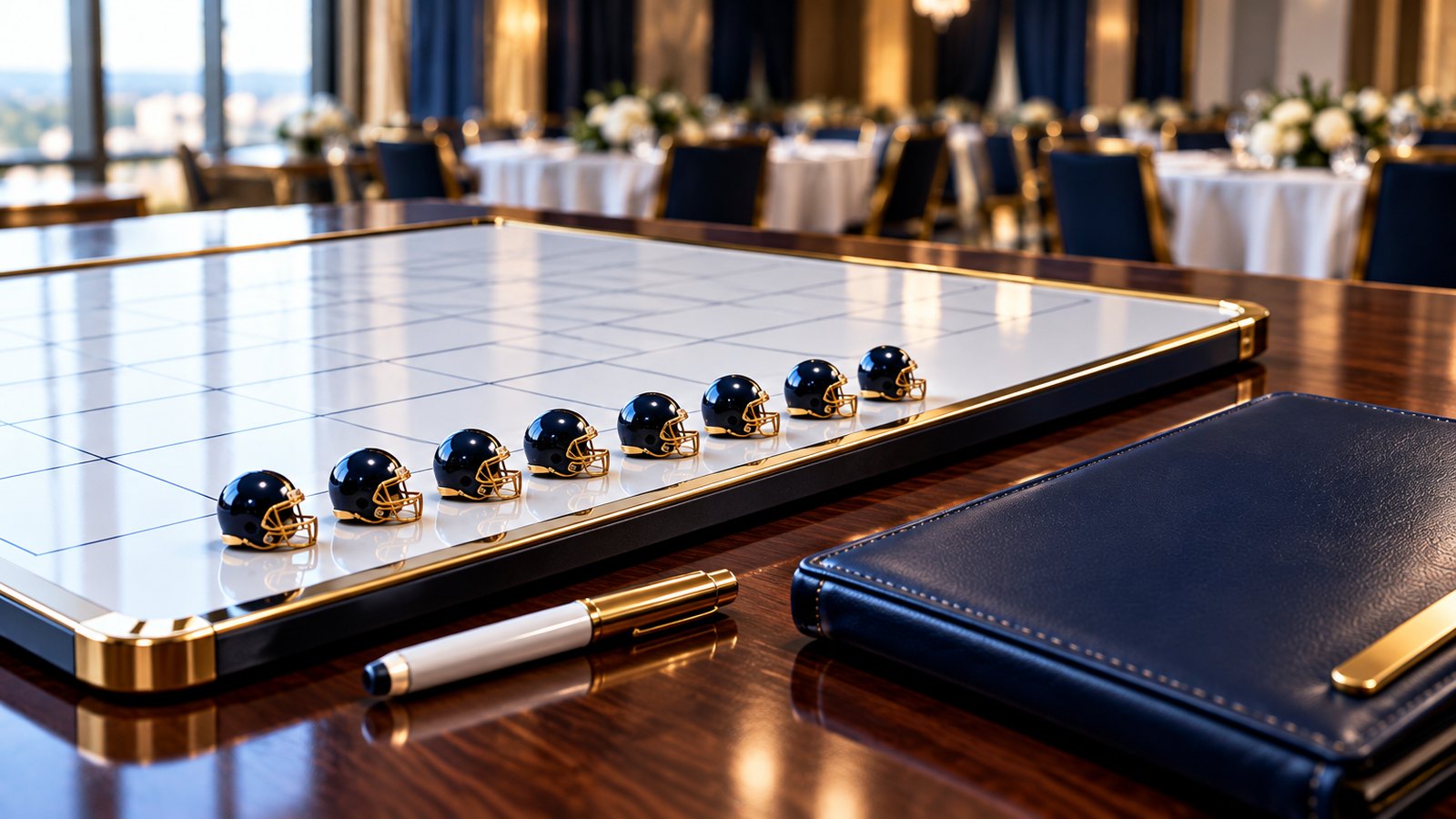 Blank magnetic ranking board with navy and gold helmet magnets on a walnut table in a hotel ballroom