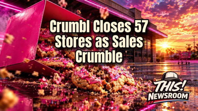 Crumbl closures: a tipped pink cookie box spilling crumbling cookies in front of a shuttered storefront at sunset