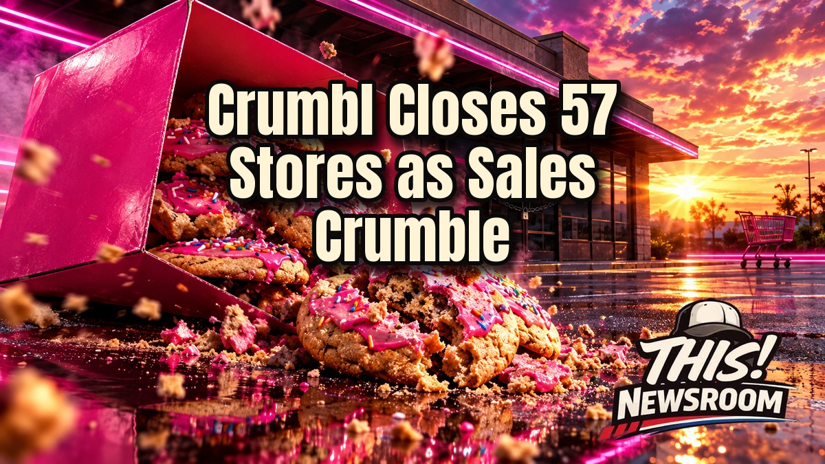 Crumbl closures: a tipped pink cookie box spilling crumbling cookies in front of a shuttered storefront at sunset