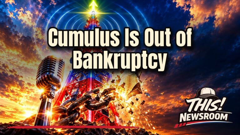 Cumulus bankruptcy exit shown as a glowing radio tower over a courthouse at sunset with red and blue light