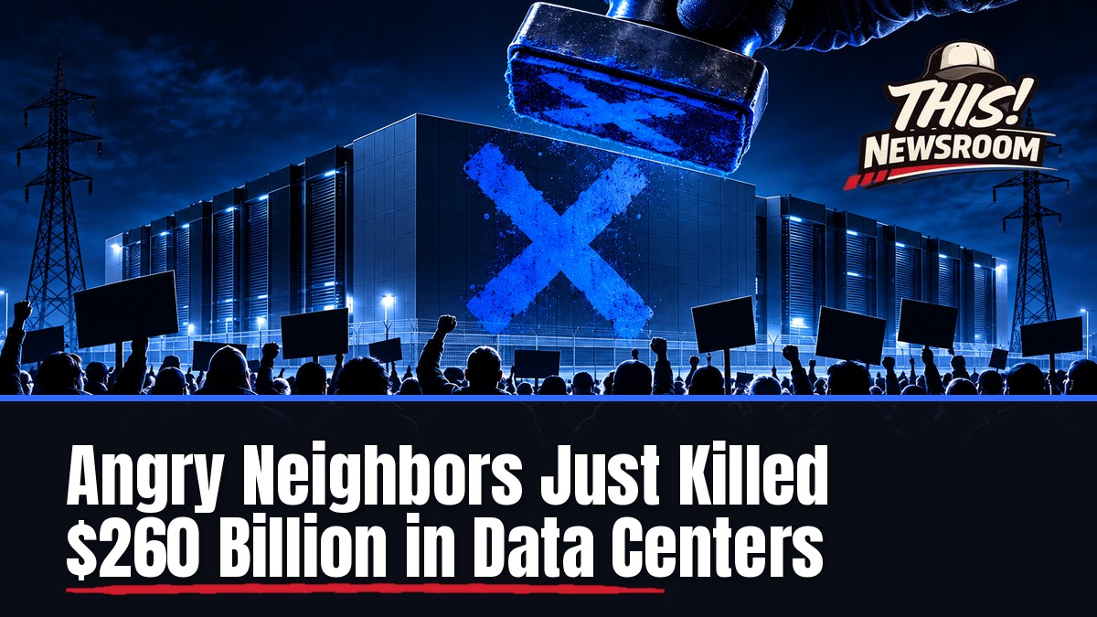 Editorial illustration of a data center facility facing local opposition, data center cancellations in 2026