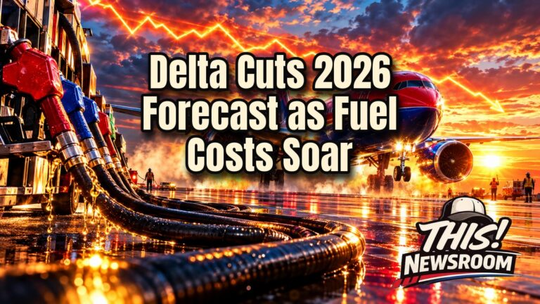 Delta Air Lines forecast cut illustrated by a jet at sunset with fuel pumps and a falling profit chart glowing in the sky