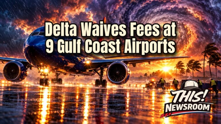 Delta travel waiver illustration: Delta jet on a runway beneath a massive hurricane over the Gulf Coast at sunset